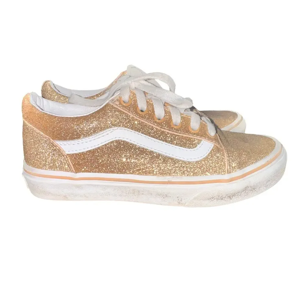 Vans Old Skool Off The Wall Sneakers Girl's Size 3 Gold Glitter Lace Up Shoes